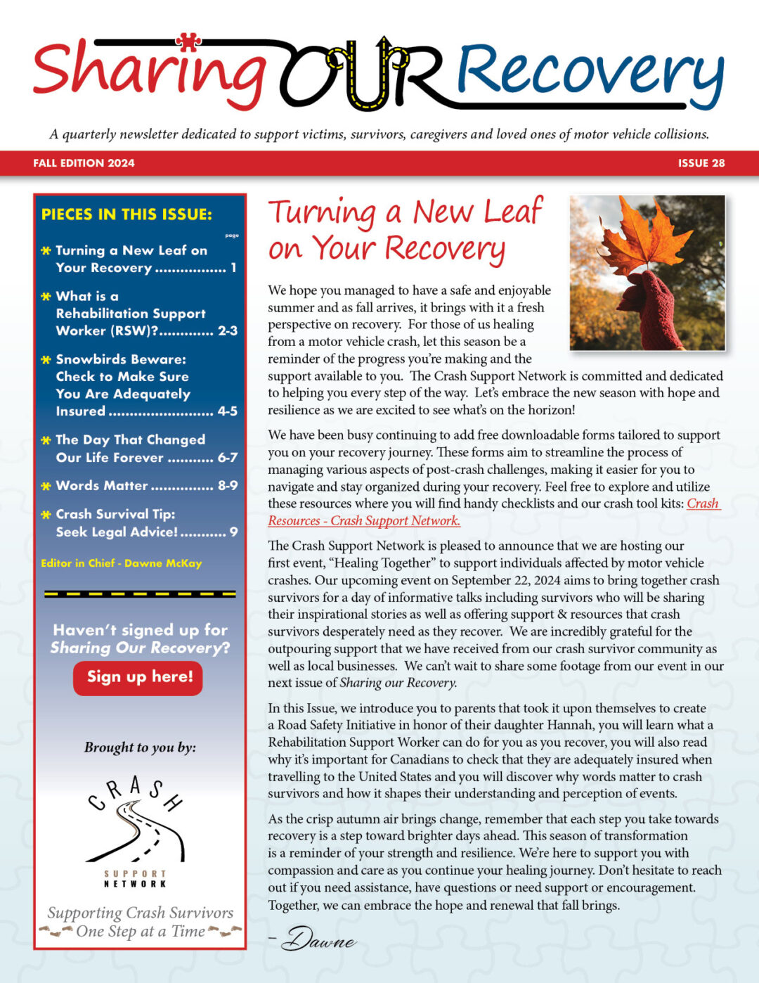 Fall 2024 issue of Sharing Our Recovery - published by Crash Support Network